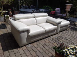Real leather light cream/off white sofa & pouffe