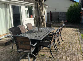 Heavy Duty Metal Table with 2 Gas Fire Pits and 8 Chairs