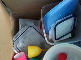 A box of plastic storage boxes for sale