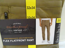 Original Weatherproof Vintage Flex flat front pant trousers colours available Storm [which is actually dark blue] and Khaki. 32"x34"
