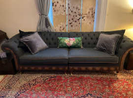 Grey Harris Tweed & Tan Leather Sofa.  Located  Bishopbriggs, near Leisuredome Gym.