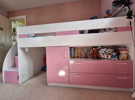 Pink and White Cabin Bed with Stairs and Desk