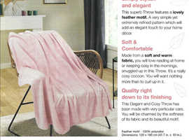 New Superb Soft Pink Throw with Feather Motif 120 x 160cm, can be posted.