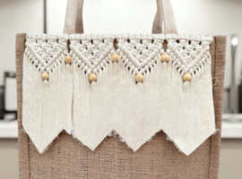 Handmade Boho Jute Bag - 12" Zip-Top Tote + FREE Gift Inside! - White Thread Embroidered
