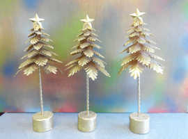 Christmas Trees Three (3) Gold / Glittered Metal Christmas Trees,