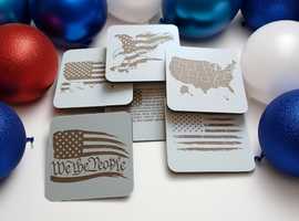 Set of 6 White Topped Wood Drink coasters, Americana Collection. PRICE £4.60