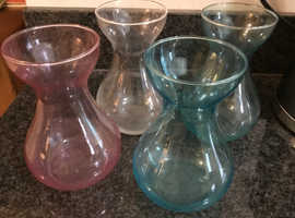 4 hand blown coloured vintage hyacinth vases + 3 plain glass