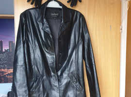 Women's black leather coat & matching gloves, size 14