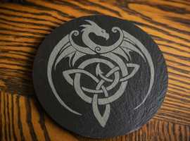 Set of 6 Round Slate Coasters, Dragon Collection. PRICE £9.