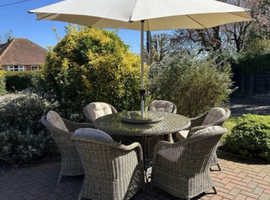 HARTMAN Rattan Garden Furniture (Dining Table w/ a Lazy Susan & 6 Chairs + Parasol & Base)