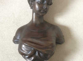 Bronze resin or metalware lady bust signature Mayuel. 21 inches.