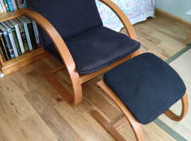 Wooden framed chair and footstool.