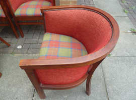 Club chairs, round backed chairs, dark wood, red and tartan upholstery, x4