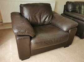 Dark brown Leather Sofa, armchair & pouffe.