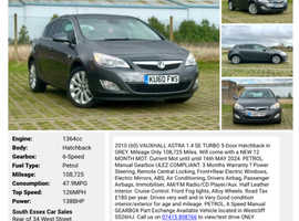 Vauxhall Astra, 2010 (60) Grey Hatchback, Manual Petrol, 108,725 miles. NEW MOT