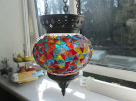 2 x Beautiful Moroccan style multi coloured glass hanging tealight holders