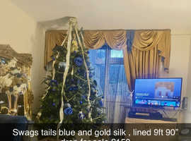 Swags and tails gold blue silk