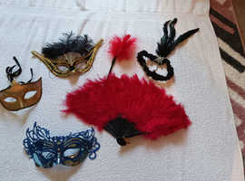 pretty decorated face masks and real red feather items / party/bedroom fun
