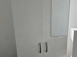 Single white wardrobe with 2 drawers and mirror