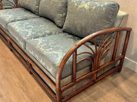Mid-Century Modern Pull-Out Sofa with Damask Upholstery and Rattan Frame
