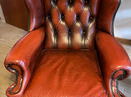 Queen Anne Leather Oxblood Chesterfield Chair.  Good condition. No rips or tares.