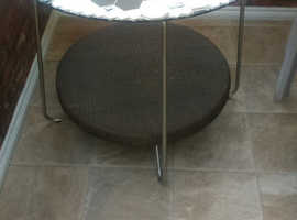 Small Round Patio Table with Ratan shelf - Upcycled with Blue & White tiles on top.