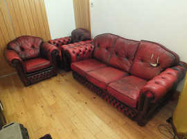 Chesterfied 3 Piece Leather Suite. Deep Button. High Back. Oxblood Red.