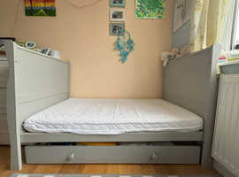 Solid Wood Sleigh Cot Bed 155 x 75 + Mattress 70 x 40 + Under Bed Drawer - Excellent Condition