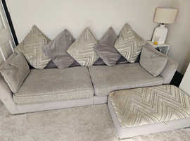 DFS large silver & grey scatter back 4 seater sofa & storage footstool