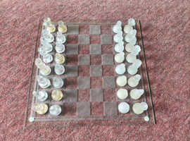 Boxed, Vintage Glass Chess Piece and Board Set, 35.5cm x 35.5cm, Excellent Condition