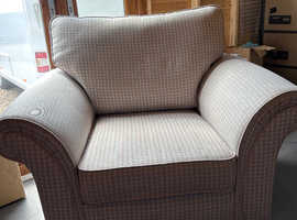 Pale grey paint and cream checked armchair