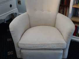 Antique Beige Linen Tub Chair Sprung Base Feather Cushion Vintage Armchair