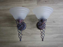 TWO MATCHING WALL LIGHTS with frosted glass shades.