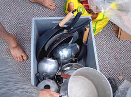 Box of camping pots pans etc