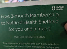 X2 three month membership to Nuffield health Sheffield. £75 for both.