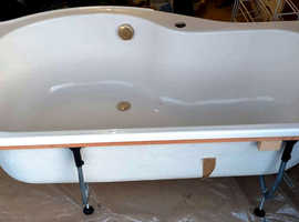 Bath P shaped, ivory colour with side and end panel. Gold mixer tap and waste. Matching shower screen.