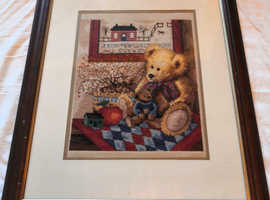 Vintage, Framed, Teddy Bear Theme Embroidered Sampler - Embroidery/Pictures