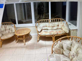 Wicker sofa, 2 wicker chairs and table