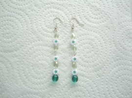 Handmade Green Glass Teardrop & White Acrylic Bead Dangling Earrings.