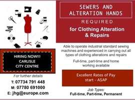 Hiring Now!  Seamstress/Sewers/Alteration Hands required for CARLISLE City Centre