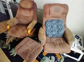 Two Brown Recliner Armchairs with Footstool