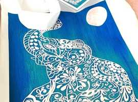 Tote Bags ~ hand painted elephant mandala on white.  All proceeds go to CRUK