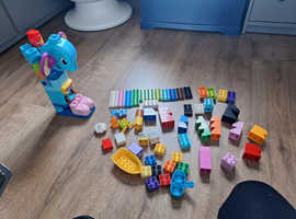 A bundle of children toys leapfrog elephant phrase and sounds, duplo, mega blocks and wooden blocks