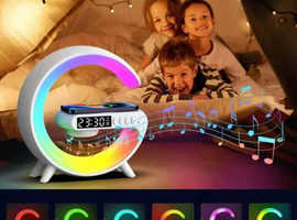 Multifunction Wireless Charger Stand Pad RGB Light Alarm Clock Speaker White Charging Card Smartphon