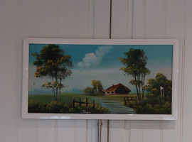 Beautiful white gloss framed vintage painting on canvas  (63cms wide x 33cms high)