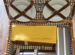 picnic wicker / hamper basket in solid thick bamboo wood with China plates etc ALL BRAND NEW ITEMS