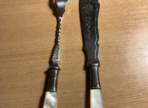 Harrison Fisher, Sheffield. Antique Silver Plate Pickle Fork + Fish Knife.