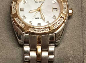 STILL AVAILABLE Beautiful Ladies Citizen ECO Drive Solar mother of pearl and diamond 2 tone bracelet watch