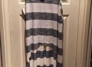 (205) Grey/cream striped dress, size 14, new!