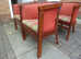 Club chairs, round backed chairs, dark wood, red and tartan upholstery, x4